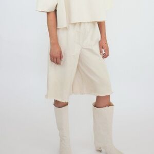 Ashley Rowe Pull On Distressed Cotton Baggy Artsy Oversized Cream Jorts Shorts